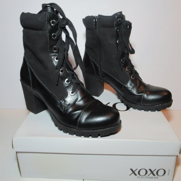 XOXO Black Lace-Up Ankle Boots Size 9 Worn Once Combat Pleather & Fabric Claudia - Picture 2 of 15